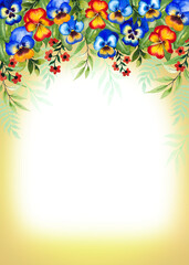 Greeting card with bright viola flowers, watercolor, can be used as invitation card for wedding, birthday and other holidays and summer background.