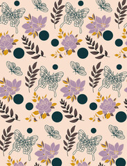 Seamless pattern with flowers and butterfly on the pink background