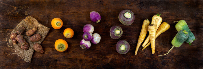 panoramic Fresh colorful radish turnip rutabagas roots at farmers market, heirloom varietal...