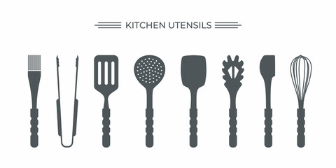 Kitchen utensils tool isolated vector set. SVG. Silhouette. Kitchen cutlery. Kitchenware. Cook on kitchen.  Household. Kitchen variety equipment. Homemade meals. Color flat vector illustration.
