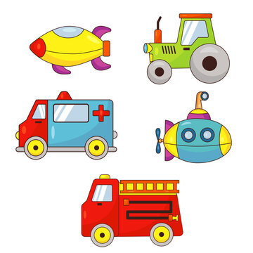 A set of children's toys transport. Cars, tractor, submarine, fire truck