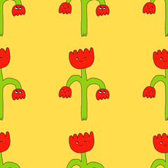 Seamless vector pattern with flowers. Vibrant flowers with faces in the style of psychedelic art. Ornament in the style of hippie 70s and 80s. Funny botanical print	