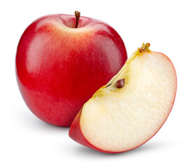 Red apple with a slice isolated. Apples cut out on white background. Red appl with clipping path....