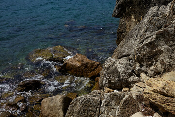 Mountain tops panoramic view, coast and beach of montenegro.