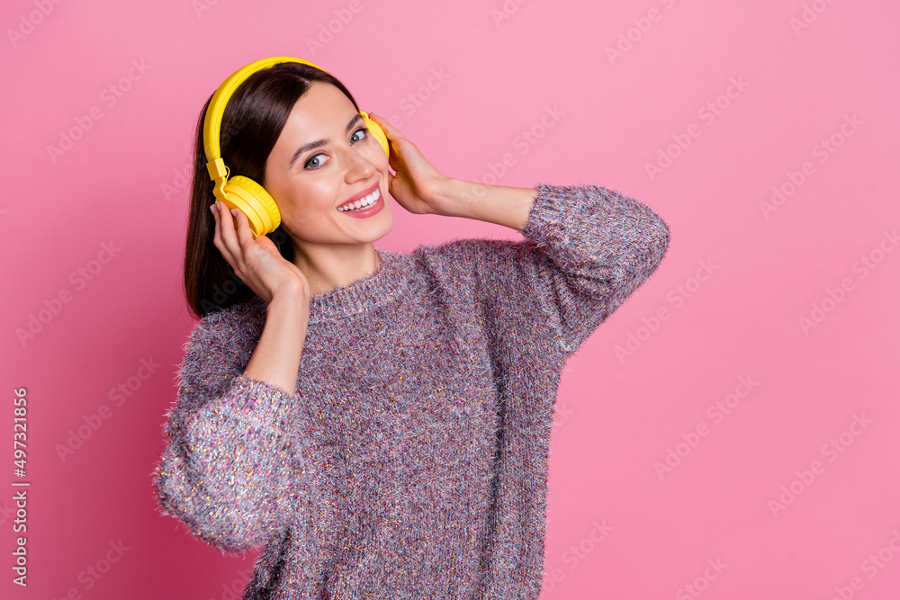 Canvas Prints Portrait of attractive cute cheerful girl listening single rest spending free spare time isolated over pink pastel color background