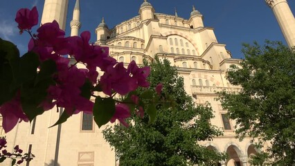 Adana, Turkey - 18th of June 2021: 4K At the Sabancı Merkez Camii - Flowers and beautiful building of huge mosque in Adana
