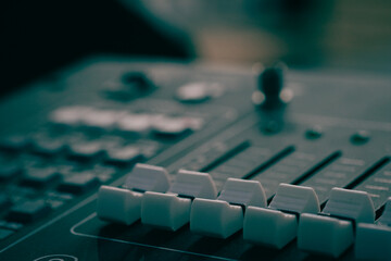Studio Music Station set up , Professional audio mixing console equipment for sound mixer control,...