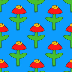Seamless vector pattern with flowers. Vibrant flowers with faces in the style of psychedelic art. Ornament in the style of hippie 70s and 80s. Funny botanical print