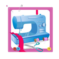 A frame with sewing and knitting accessories. Sewing instruments modern electronic sewing machine, a pincushion with needles, buttons, and threads.