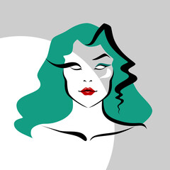 Colored portrait of a woman with bright makeup and long green hair on the white&gray background.