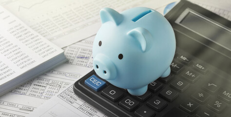 Moneybox for money on the background of documents and financial charts. Investment and capital...