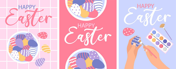 Set of colorful postcards or posters with colored eggs. Happy Easter greeting card. Flat vector illustrations.