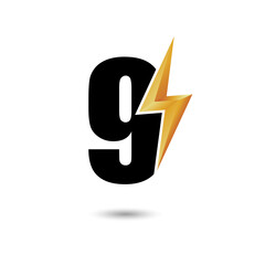 Number Nine 9 ThunderBolt Logo Design Concept in Black and Yellow. Numeric Flash Icon.