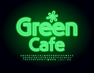 Vector Neon sign Green Cafe. Stylish Bright Font. Glowing Alphabet Letters and Numbers set