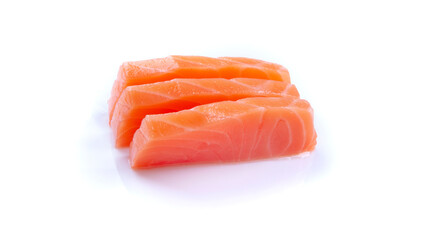 three pieces of raw salmon sashimi sushi japanese food closeup isolated on white background