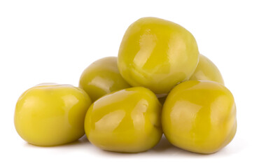 Green canned peas isolated on white background close up