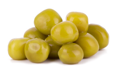 Green canned peas isolated on white background close up