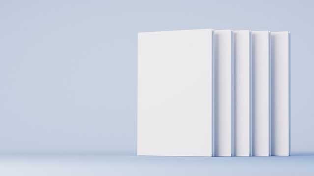 White book blank cover mockup on a soft blue background. 3D illustration