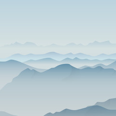 Mountain landscape in the fog. Vector illustration of silhouettes of mountains in a haze of morning mist. Background for creativity.