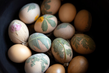 Easter Eggs Made With Floral Leafs And Flowers Patterns Ready for Colouring with Onion Peels