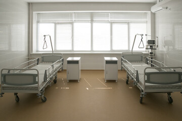 Recovery room with beds and comfortable medical equipment. Interior of an empty hospital room. Clean and empty room with a bed in a new medical center