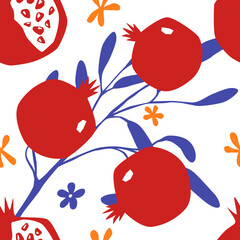 Pomegranate fruit, leaves and flowers on white background seamless vector pattern 
