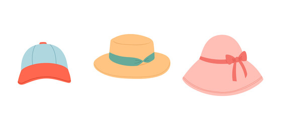 Summer set of hats, flat design, vector
