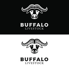 Buffalo head with big horn for livestock and butchery logo design in vintage silhouette style