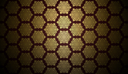 Damask-style Thai art pattern background. Luxurious golden hexagon shape. Vector illustration.