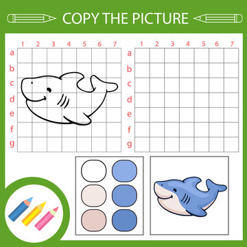 Kids art game. Copy drawing of shark. Kids education activity page and worksheet with fun riddle. Children draw lesson. 