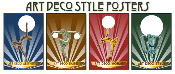 Art Deco Style Posters Set. 1920s Retro Style Statue Illustrations