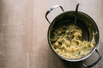  Mashed potatoes with dill in a saucepan. Stuffing for pies and dumplings. High quality photo