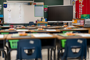 Wide angle view of empty elementary school classroom in the US.