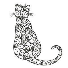 Cat on white. Zentangle. Hand drawn animal with abstract patterns on isolation background. Design for spiritual relaxation for adults. Outline for t-shirts. Print for flyer, poster or textile