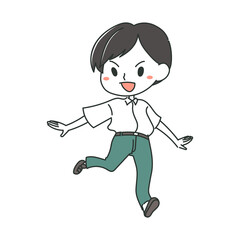 笑顔で走る男子学生のイラスト　夏服　緑系