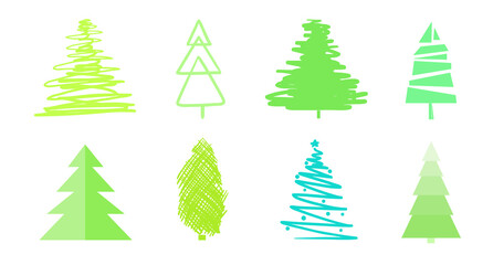 Christmas trees on white. Set for icons on isolated background. Geometric art. Objects for polygraphy, posters, t-shirts and textiles. Colored illustration