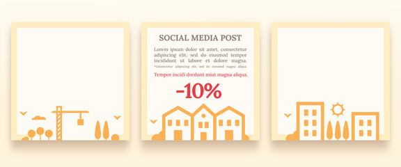 Immobilier vente location construction de logements neufs réseaux sociaux communication promotion bannière achat rénovation projet urbanisme carré vecteur illustration bâtiment travaux publics BTP pro