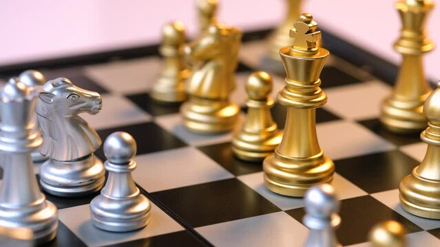 Hands are picking up a silver and gold chess on a game board that uses the idea of planning to win and to relax.	