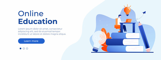 Online education concept. Vector layout for website page. Illustration in flat style with people studying remotely. Students learning online at home. Vector illustration EPS 10