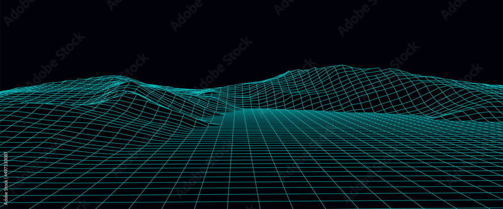 Poster technology perspective grid with mountain landscape background. vector digital space wireframe lands