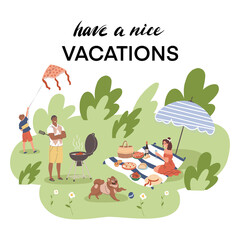 Fototapeta premium The family is relaxing in nature. People went out for a picnic. A woman, a man and a child are having fun on vacation, playing with a dog, frying meat, fussing, launching a snake. Have a nice vacation