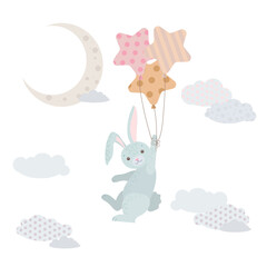 cute rabbit is flying in balloons. Gray bunny among the clouds. Balloons and airship. Children's illustration, Cute print, vector. Isolated on a white background.