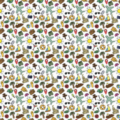 Colored summer seamless pattern. travel icons on white background. Travel vacation set of icons, journey and trip background. Doodle summer travel icons. Vacation vector pattern with travel icons