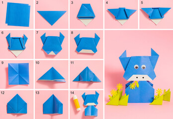 Step-by-step photo instructions on how to make a blue bull from paper with your own hands. Symbol...