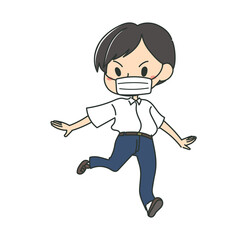 マスクをつけて走る男子学生のイラスト　夏服　カラー系