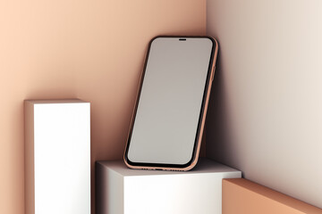 Smartphone mockup next to geometric shapes