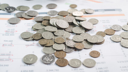 Russian rubles coins pile up on an investor's desk