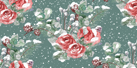 Christmas winter seamless pattern painted in watercolor with red roses and snow in vintage style for package and surface design