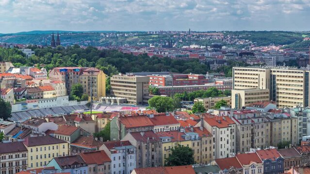 Panoramic view of Prague timelapse from the top of the Vitkov Memorial, Czech Republic