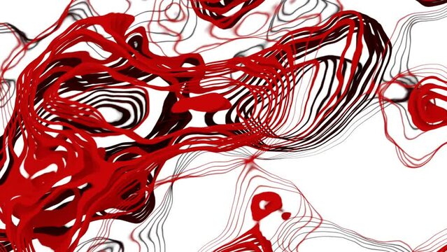 Abstract transformed red rings on a white background, seamless loop. Design. Unusual stains of fluid texture.